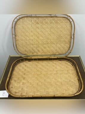 Vintage MCM Bamboo & Rattan Wicker Style Trays Set of 2  Size 19 x 13 x 1.25
